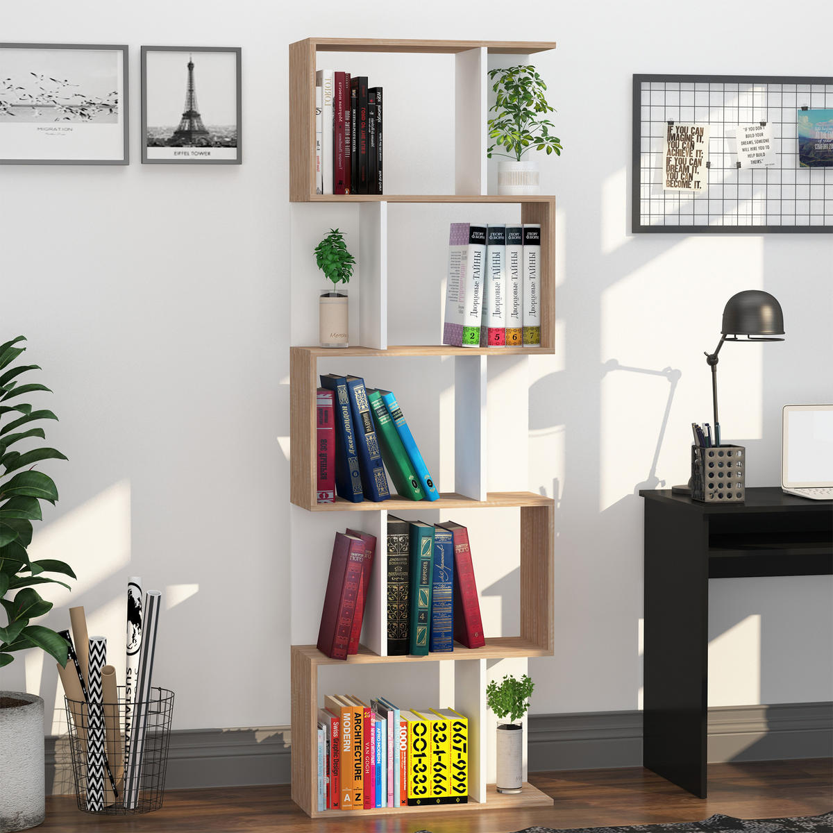 BÜCHERREGAL,5-STUFIG S-förmig Trennwand 60x24x184,5cm,holz-weiß - Weiß, Holzwerkstoff (60/184.5/24cm) - Vallsero