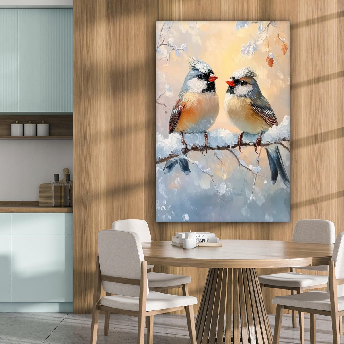 LEINWANDBILD Vögel - Zweig - Winter - Schnee 80x120 cm - Pastellblau, Textil (80/120cm) - MuchoWow