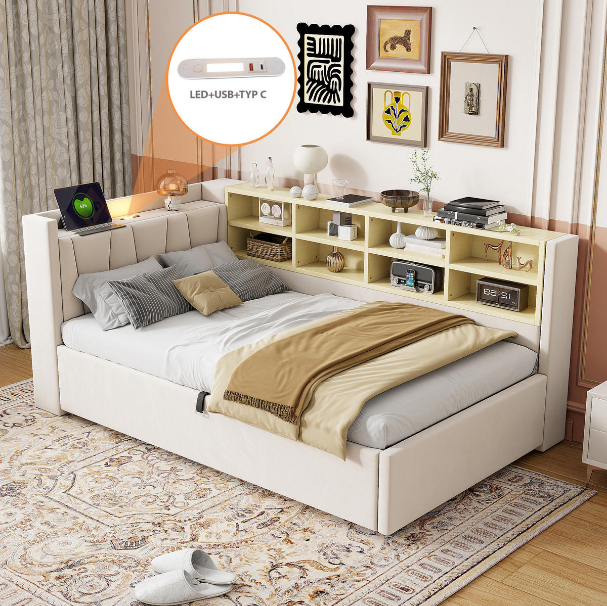 POLSTERBETT Schlafsofa aus Samt 90x200 cm Beige mit hydraulischem Stauraum, Nachtlicht, USB- und Typ-C-Anschluss - Beige, Textil (90/200cm) - Modfu