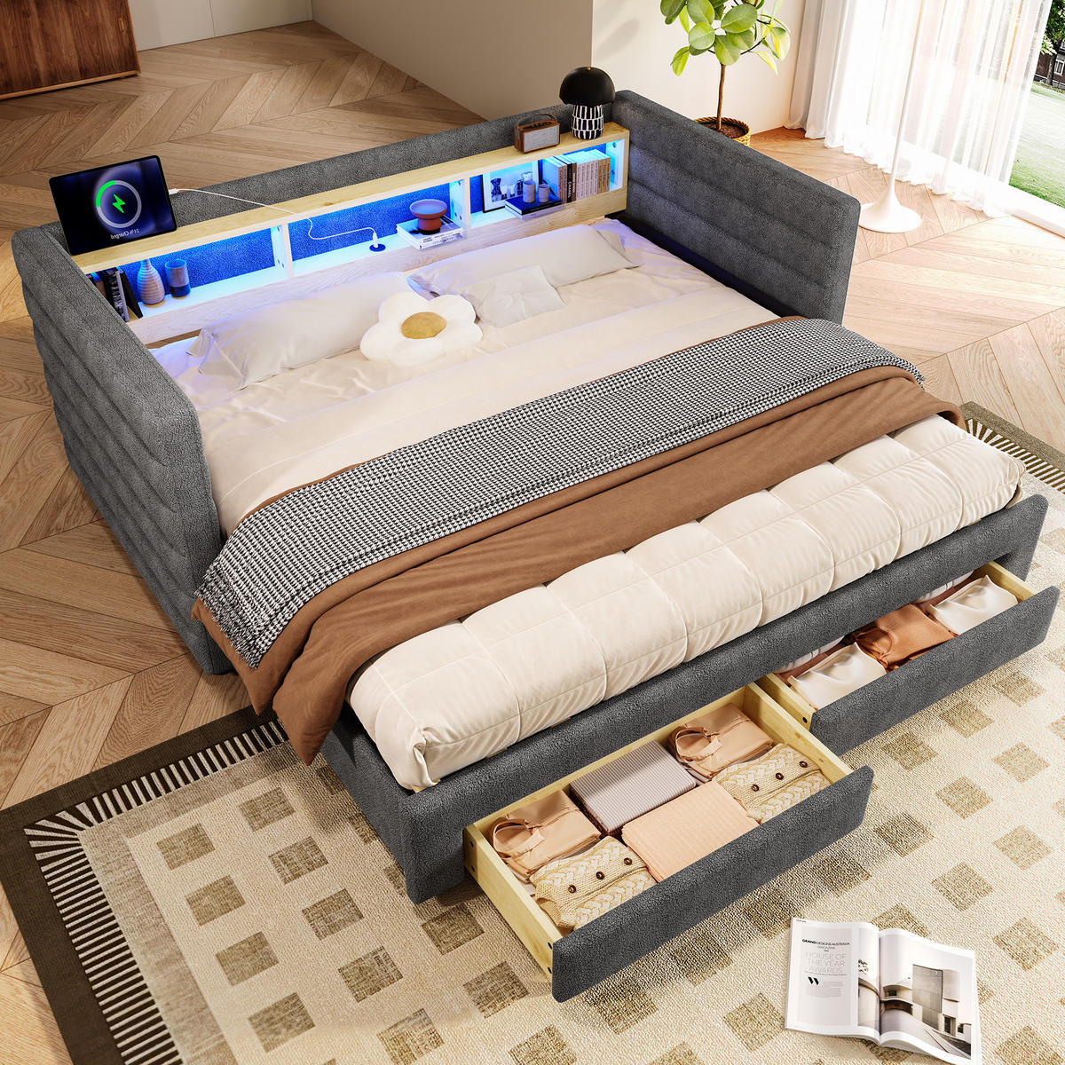 TAGEBETT 90x190cm Grau Samt Ausziehbett 2 Schubladen USB-C LED-Licht - Grau, Holz (90/190cm) - FLIEKS