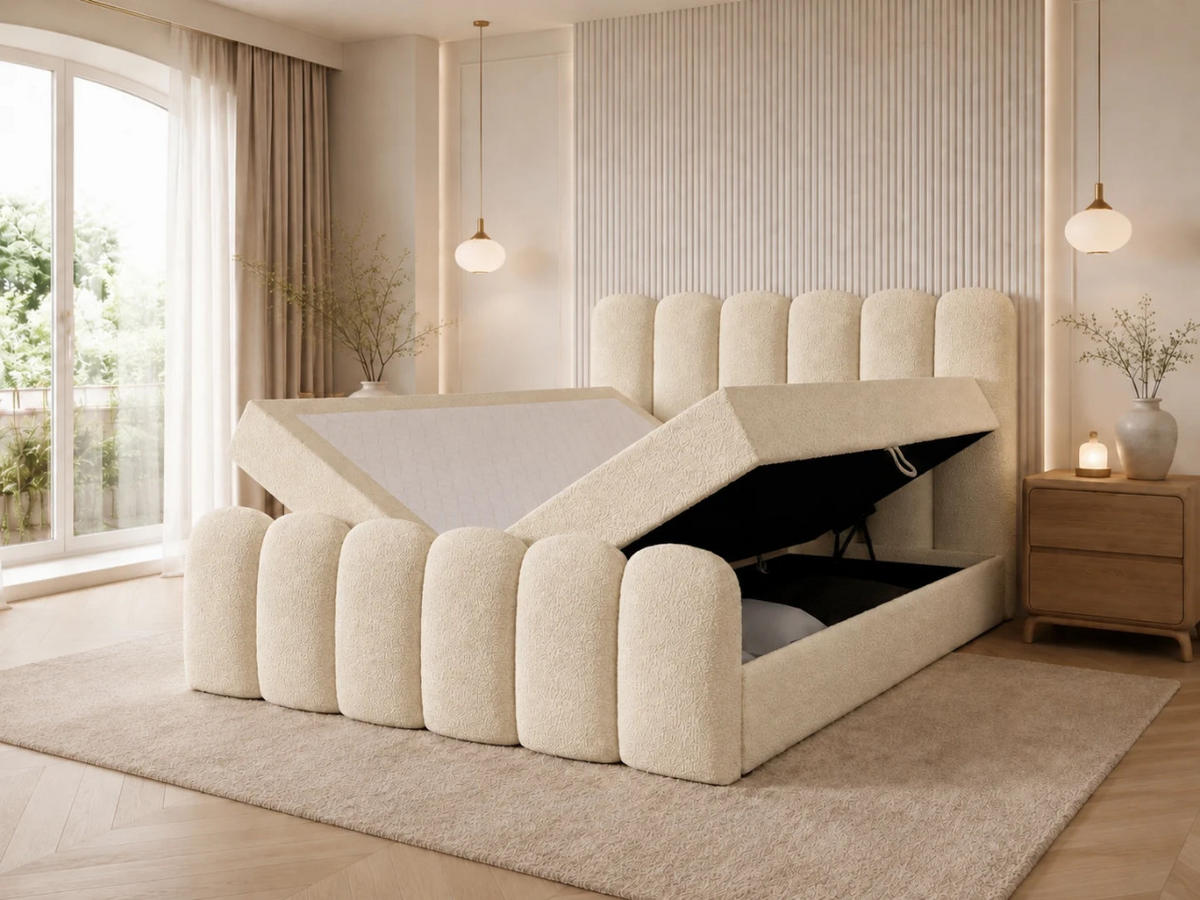 BOXBETT CUDDLE 140x200 cm in Creme, Bettkasten, Topper, Bouclé-Stoff - Ecru, Holz/Textil (140/200cm) - EMLAR Home