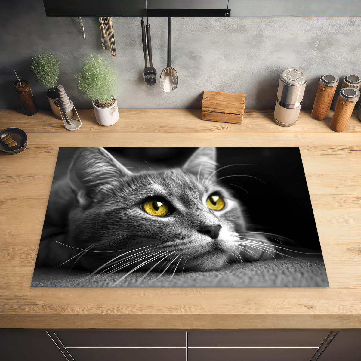 HERABDECKPLATTE - Katze - Grau - Tiere - Katze - 74x48 - Grau, Kunststoff (74/48/0.2cm) - MuchoWow