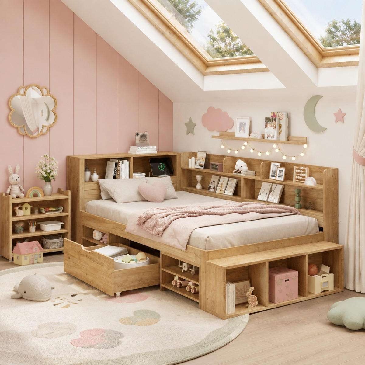 KINDERBETT 90/200 mit Stauraum, Regalen und kabelloser Aufladung in Natur - Naturfarben, Holzwerkstoff (90/200cm) - EVRYAE