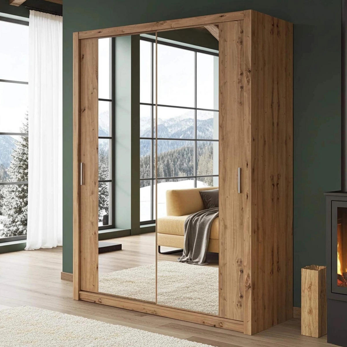 SCHIEBETÜRENSCHRANK Tamiza 180/215/62 mit Spiegel - Silberfarben/Eiche Artisan, Holzwerkstoff/Kunststoff (180/215/62cm) - Ravio
