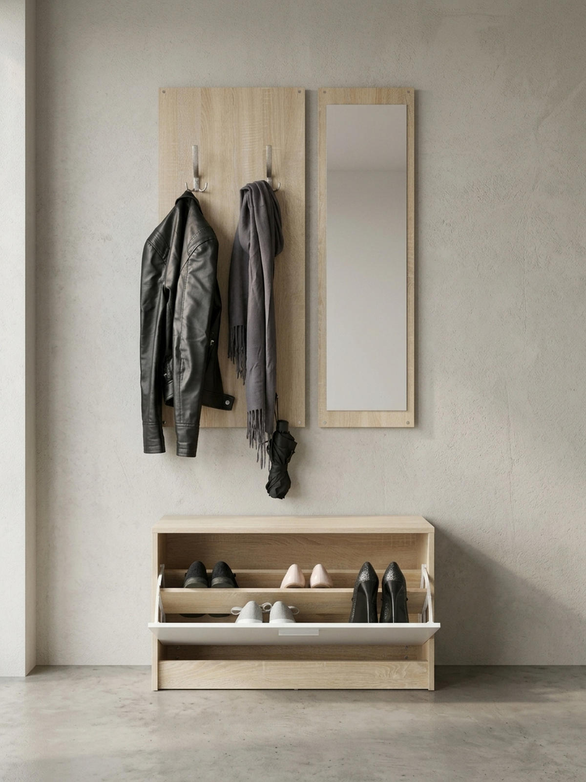 WANDGARDEROBE mit Spiegel, 10 Haken und Platz für 8 Paar Schuhe DELFT, Beige 80x27x180 cm - Beige, Holz (80/180/27cm) - KADIMA DESIGN