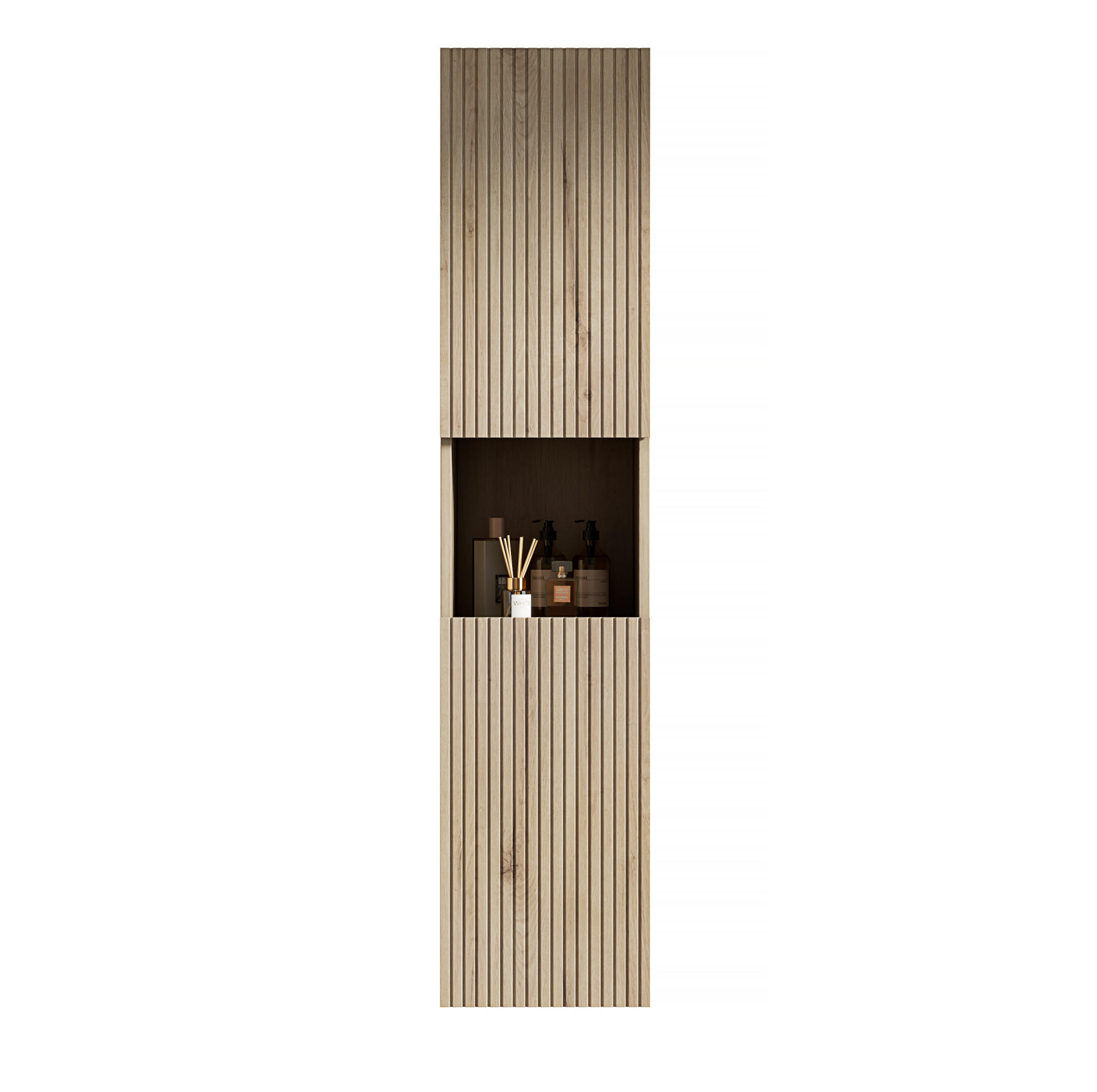 BADEZIMMERSCHRANK mit offenem Stauraum Weiß Eiche Holzwerkstoff - Weiß, Holzwerkstoff (35/35/160cm) - Beauniv