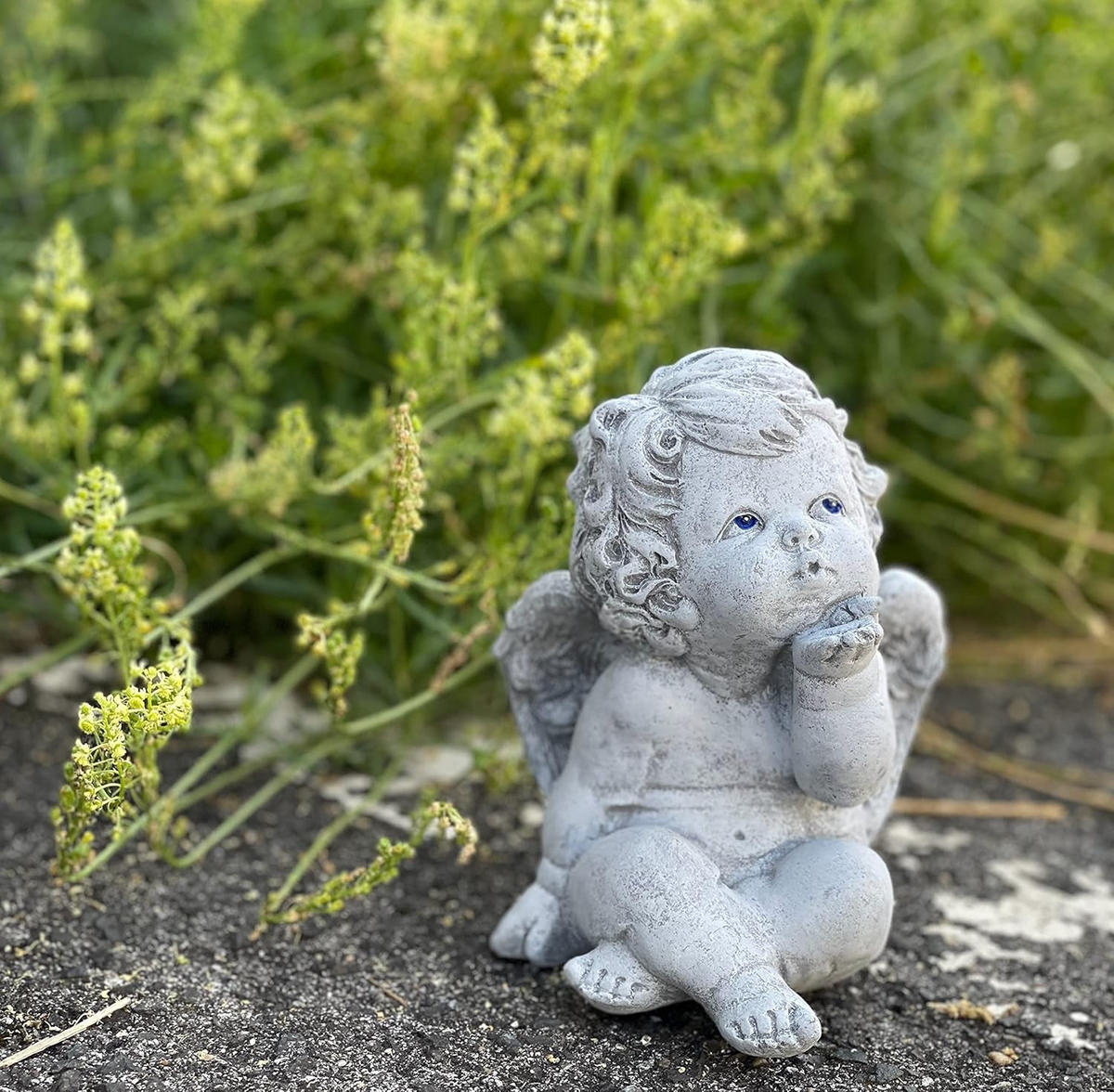 STEINFIGUR kleiner Engel Kussmund frostfest Steinguss - Grau, Stein (11/14/11cm) - stoneandstyle