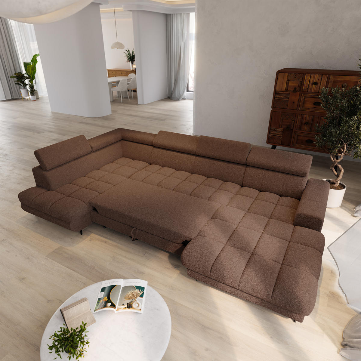 WOHNLANDSCHAFT CORENO Braun Boucle-Stoff mit Schlaffunktion - Braun, Holz (345/88/190cm) - MASSENO