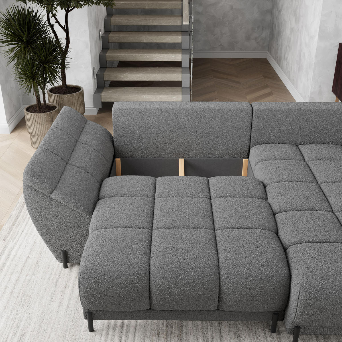 ECKSOFA VESTANO R-S Grau Boucle-Stoff mit Schlaffunktion - Grau, Holz (287/182cm) - MASSENO