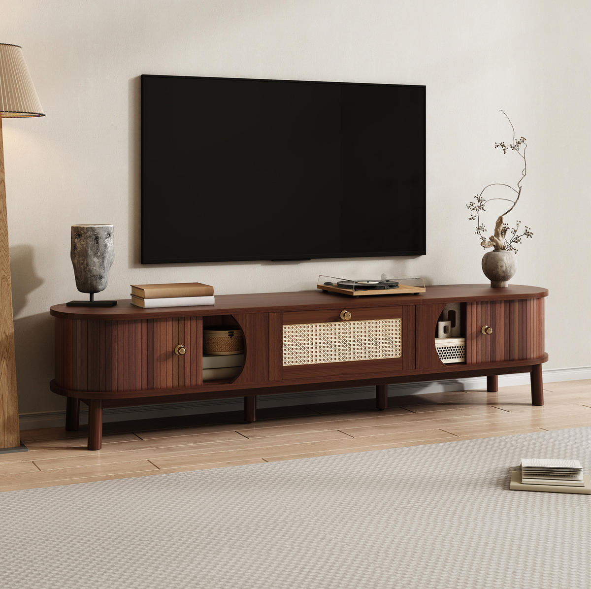 TV-LOWBOARD 170/39,5/38 cm mit Rattanschubladen und Schiebetür - Eichefarben, Holzwerkstoff (170/38/39.5cm) - BEAOK