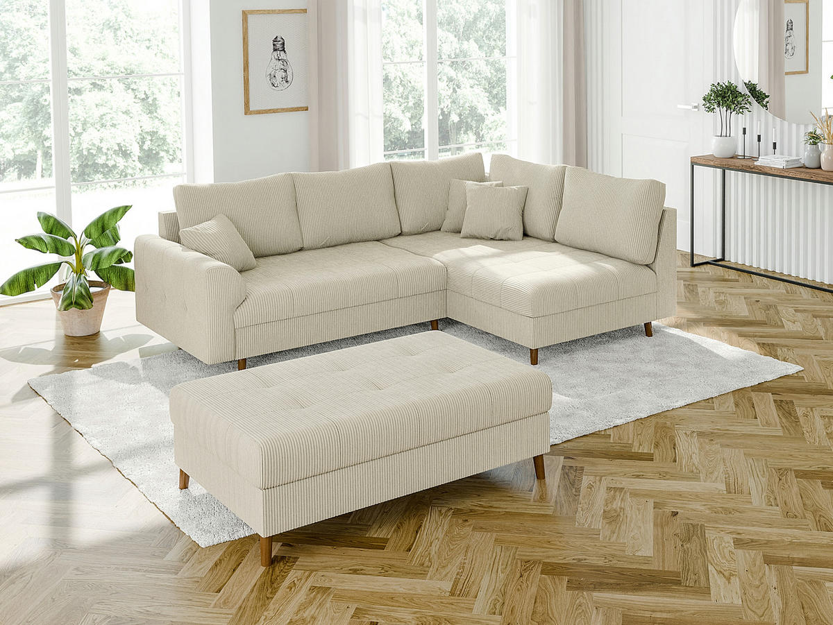 ECKSOFA inkl. Hocker Alma Beige Cord - Ottomane rechts - Beige/Braun, Holz/Textil (231/161cm) - S-Style Möbel