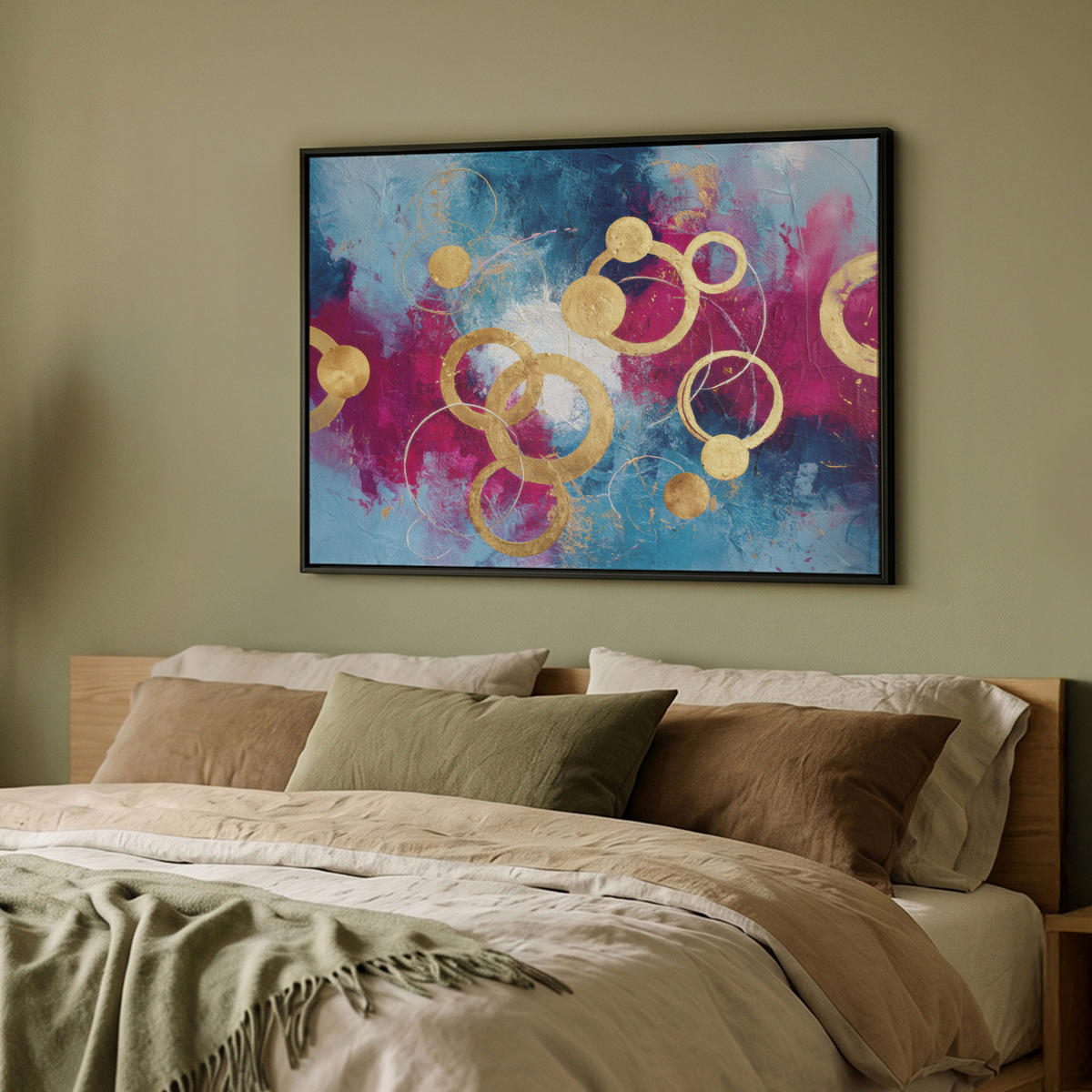 LEINWAND Bilder mit Rahmen - Kreise - Gold - Abstrakt - 100x70 - Blau, Textil (100/70cm) - MuchoWow