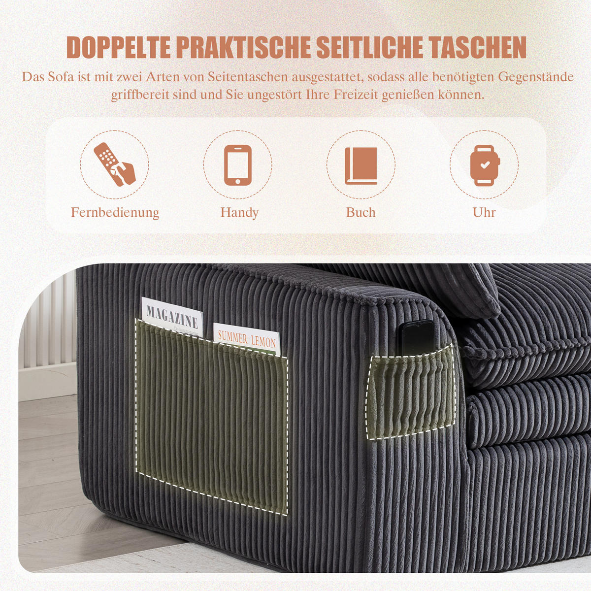 2-SITZER SOFA cordstoff mit seitentaschen & federkern - Dunkelgrau, Textil (191/85/94cm) - Urban Meuble