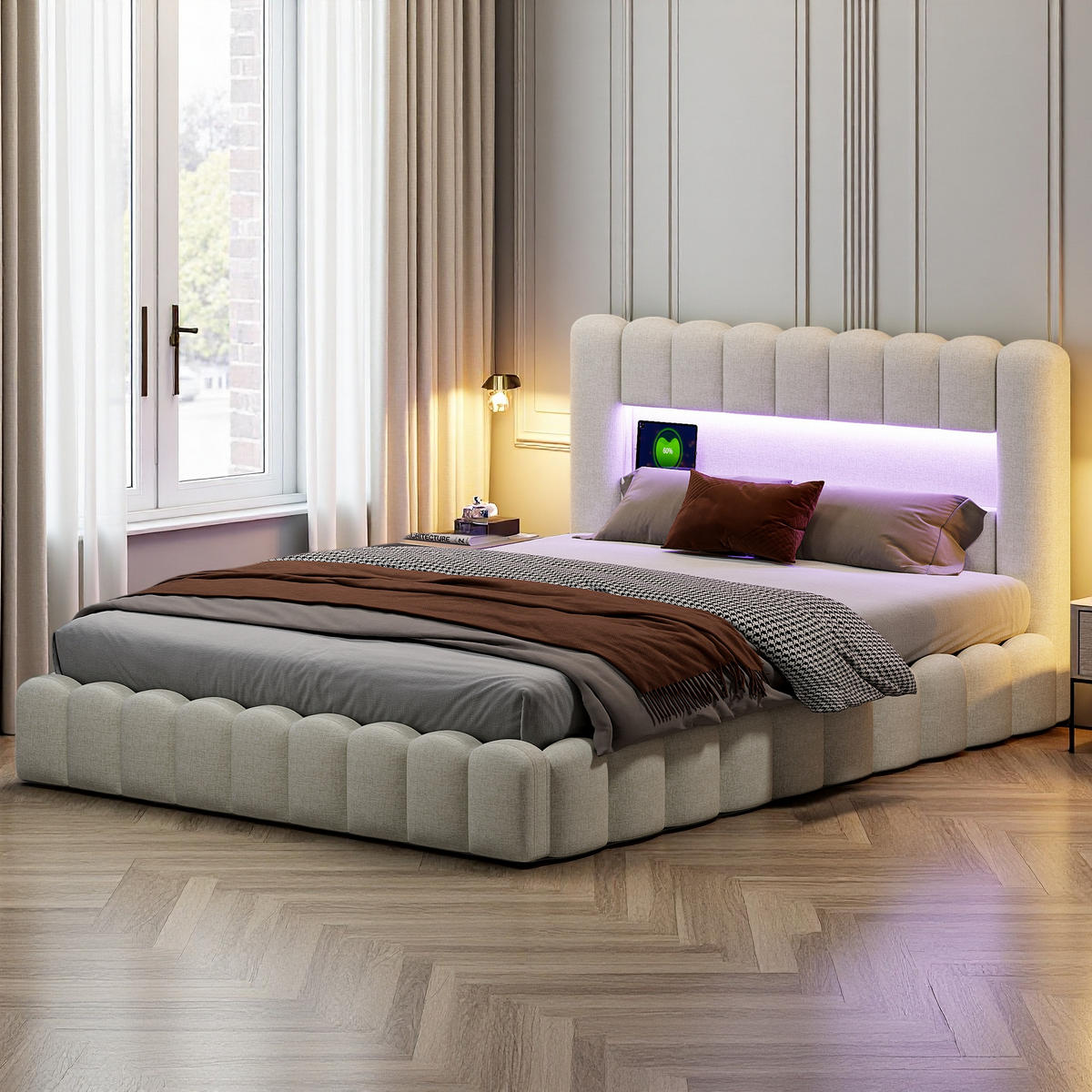 POLSTERBETT 140 x 200 cm, Bubble-Stil LED USB Stauraum beige - Beige, Holz (180/200cm)
