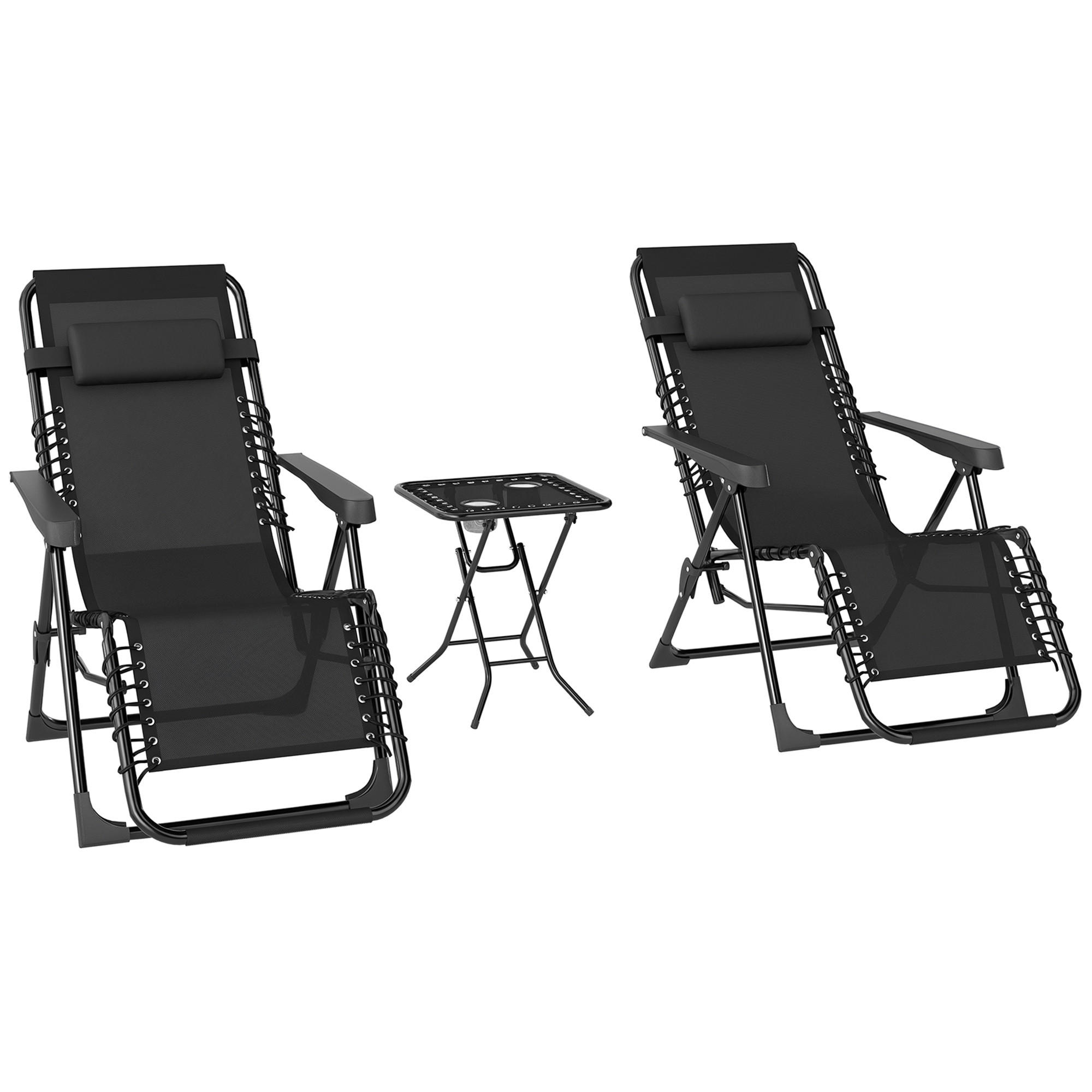 SONNENLIEGE Set mit 2 Zero-Gravity-Klappliegen mit verstellbarer Rückenlehne und Tisch,90*65*110 cm,,Schwarz - Schwarz, Metall (65/110/90cm) - Vallsero