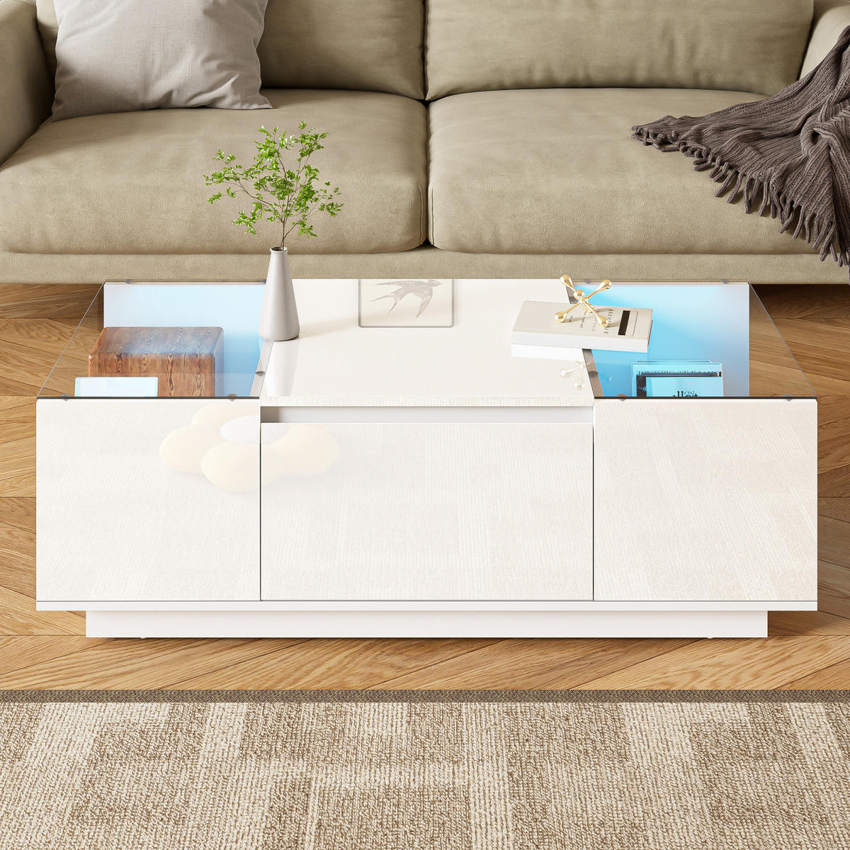 COUCHTISCH Weiß 105 cm mit Stauraum und LED - Weiß, Metall (105/50/35cm)