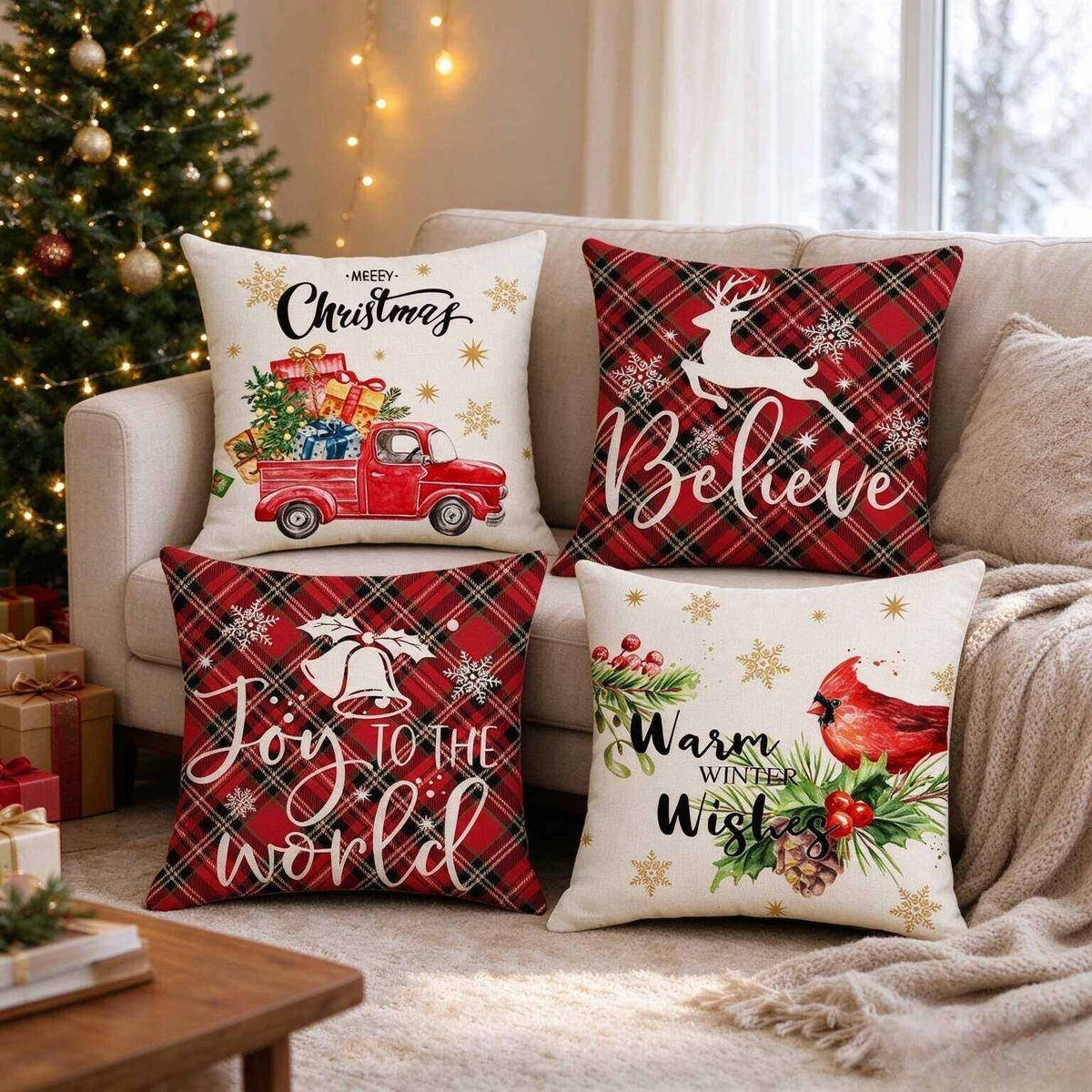 KISSENBEZUG – Weihnachtskissenbezug (Kissenfüllung nicht enthalten) – 45 x 45 cm – Multicolor(vier Stück) - Multicolor, Textil (45/45cm)