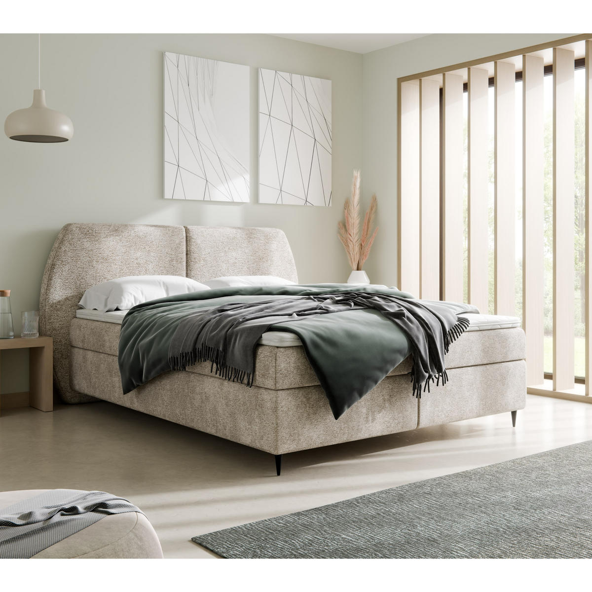 BOXBETT MADRYT, 140x200 cm, Hellbeige, inkl. 2 Bettkästen und Topper - Beige, Textil (140/200cm) - Excellent Home