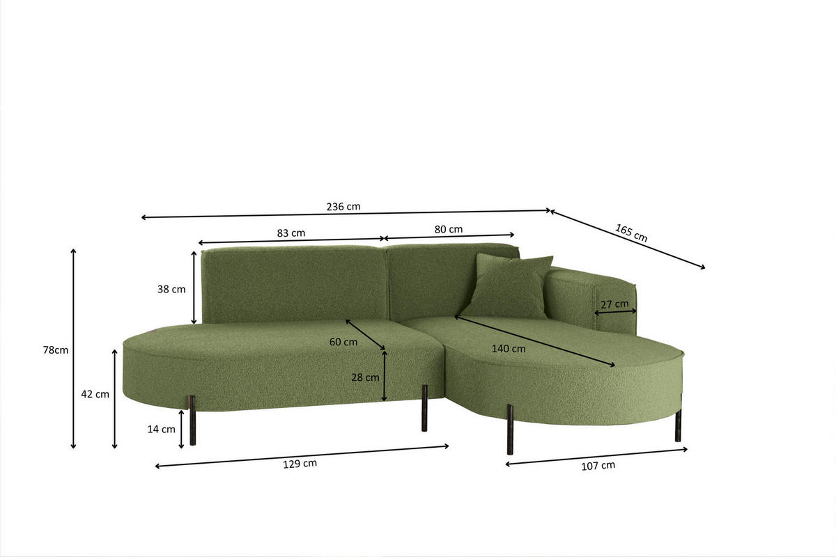 ECKSOFA L-Form Designer Modena Rein Stoff Quelle Olive Rechts - Olivgrün, Holz/Textil (236/165cm) - Kaiser Möbel