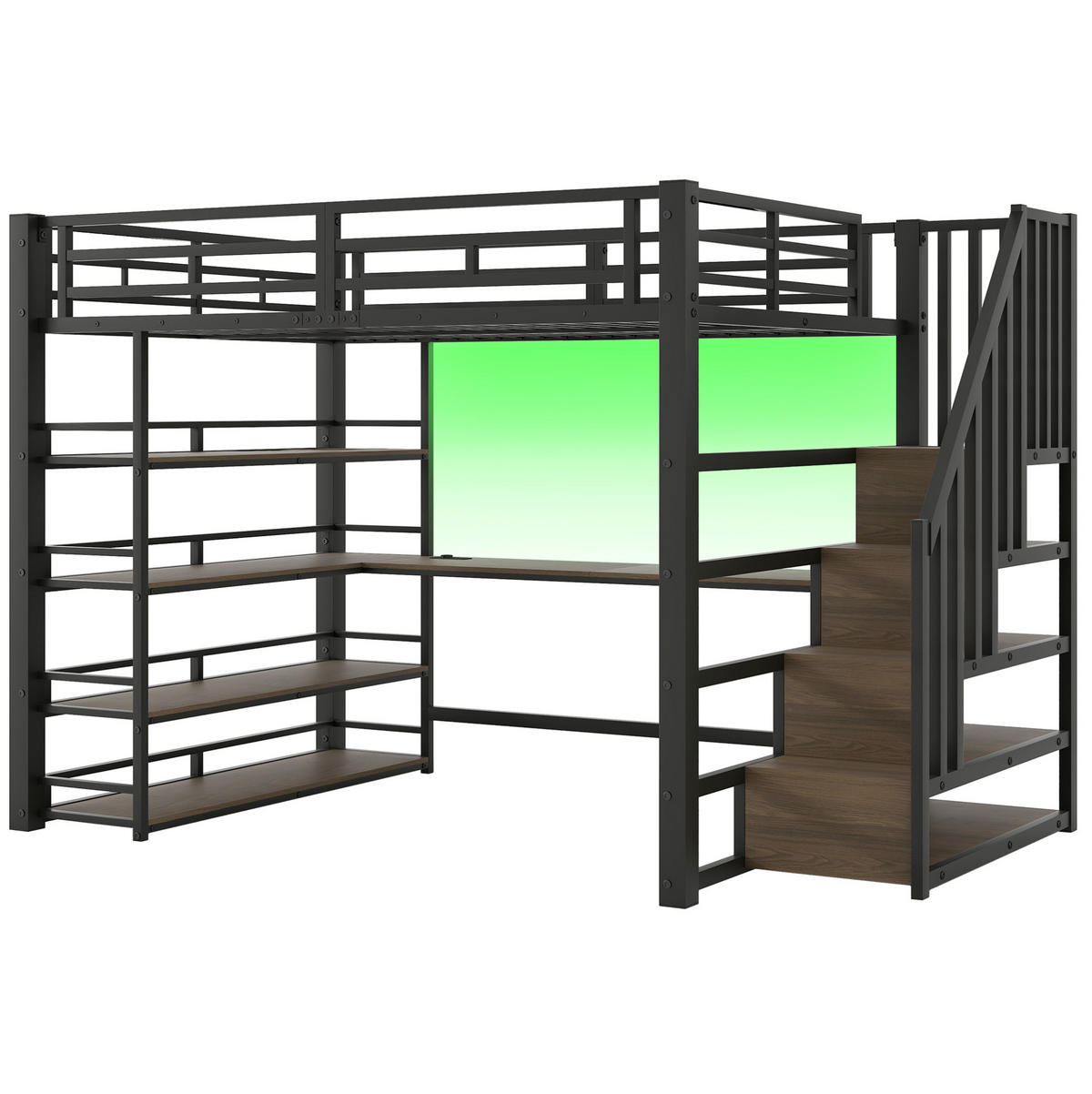 HOCHBETT 140/200 cm aus Metall und MDF mit Schreibtisch, Treppe, LED-Licht und Stauraum Schwarz - Schwarz, Holzwerkstoff (140/200cm) - Modenvie