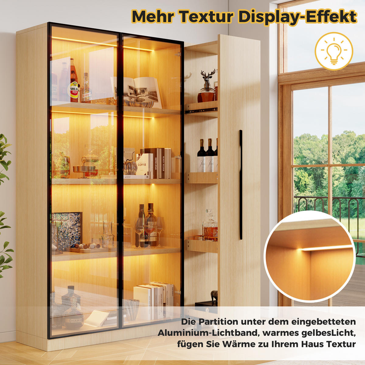 VITRINE LED Glastür Seitenauszug 160cm Modern - Eichefarben, Holzwerkstoff (110/160/35cm) - FLIEKS