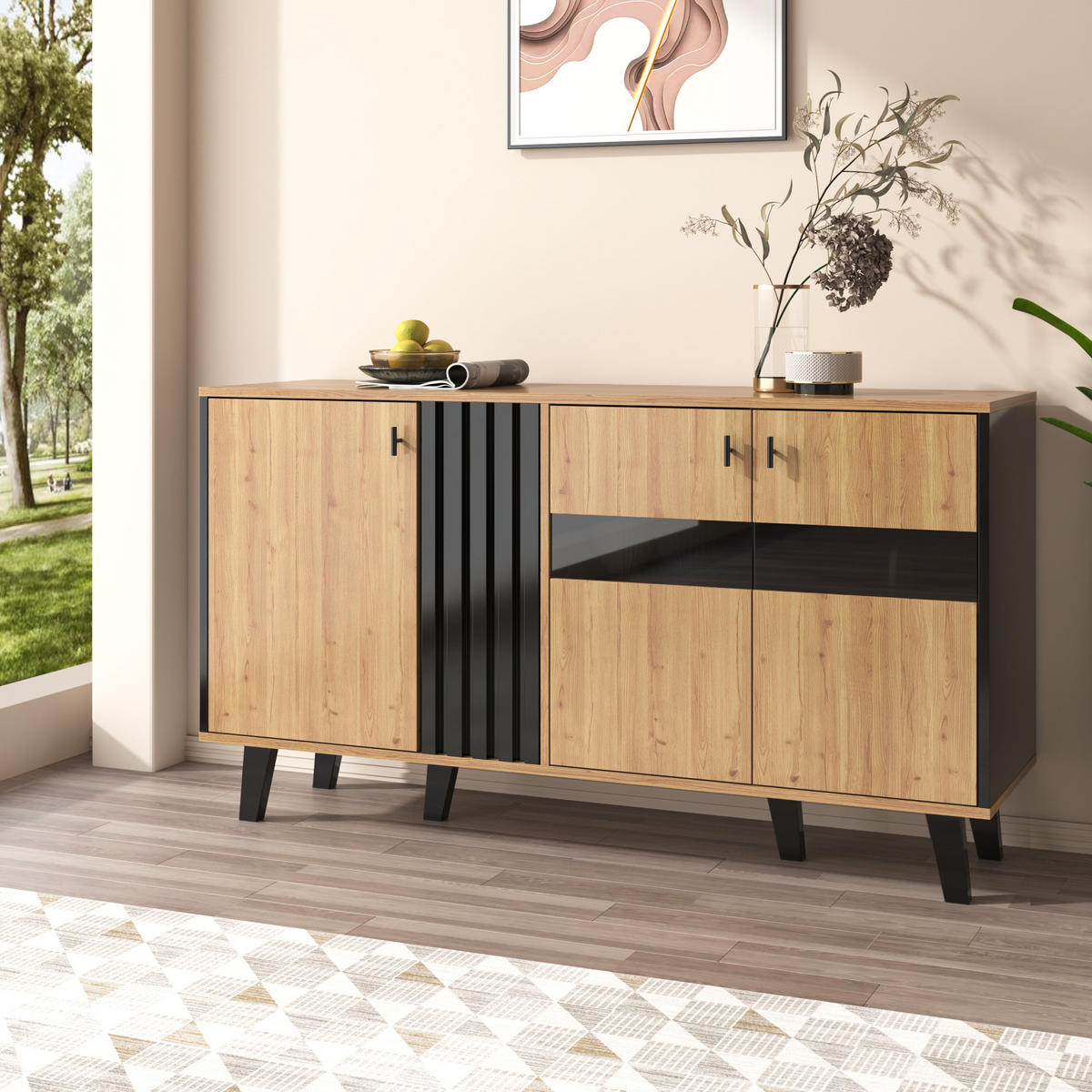 SIDEBOARD 140/41/78,5 cm mit 3 Türen, Glas-Element und LED in Holzfarben - Naturfarben, Holzwerkstoff (140/78/41cm) - BEAOK