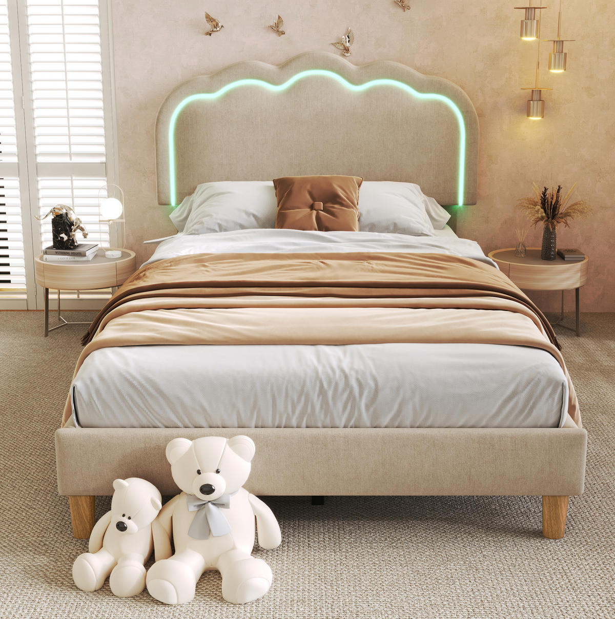 BETT mit LED-Kopfteil 90x200 cm Leinen Beige - Beige, Metall (90/200cm) - Meubliv