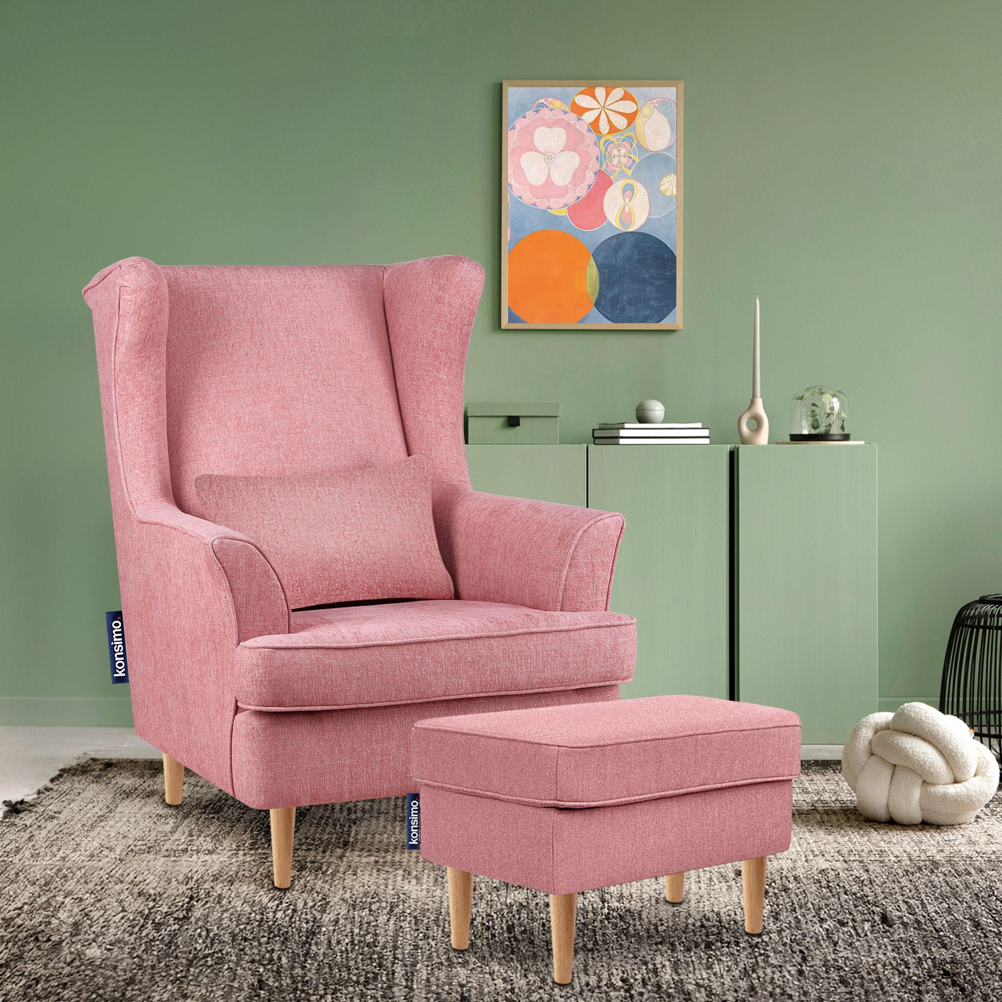 OHRENSESSEL STRALIS mit Sitzhocker, rosa - Pink, Textil (82/108/80cm) - KONSIMO®