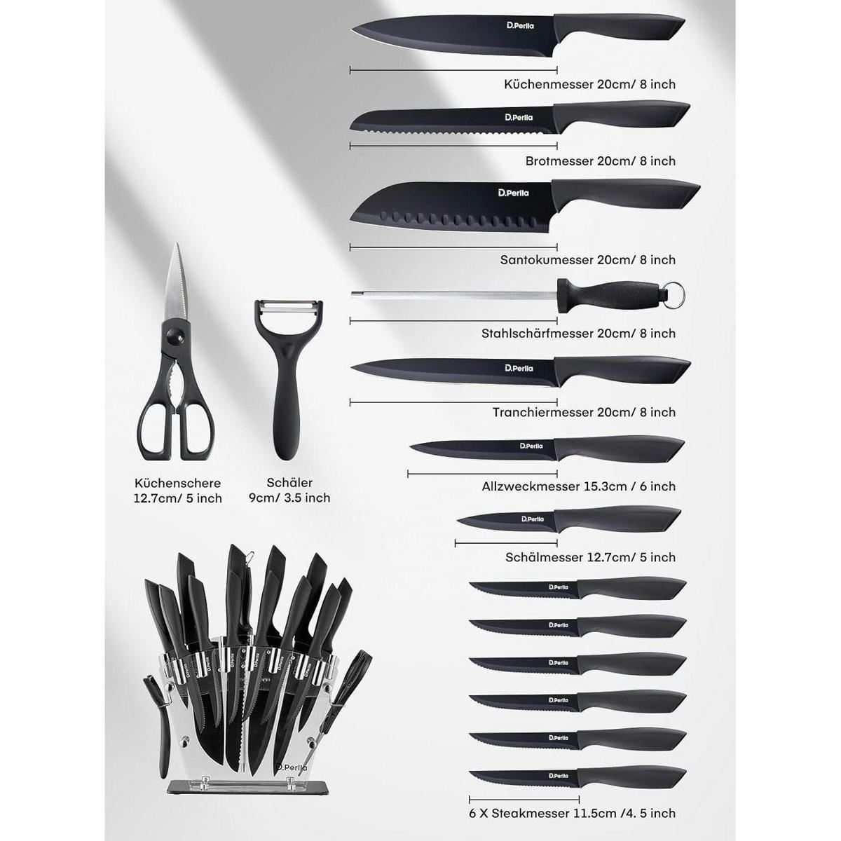 MESSERBLOCK 16-teiliges Set Schwarz mit Acrylhalter - Transparent, Metall