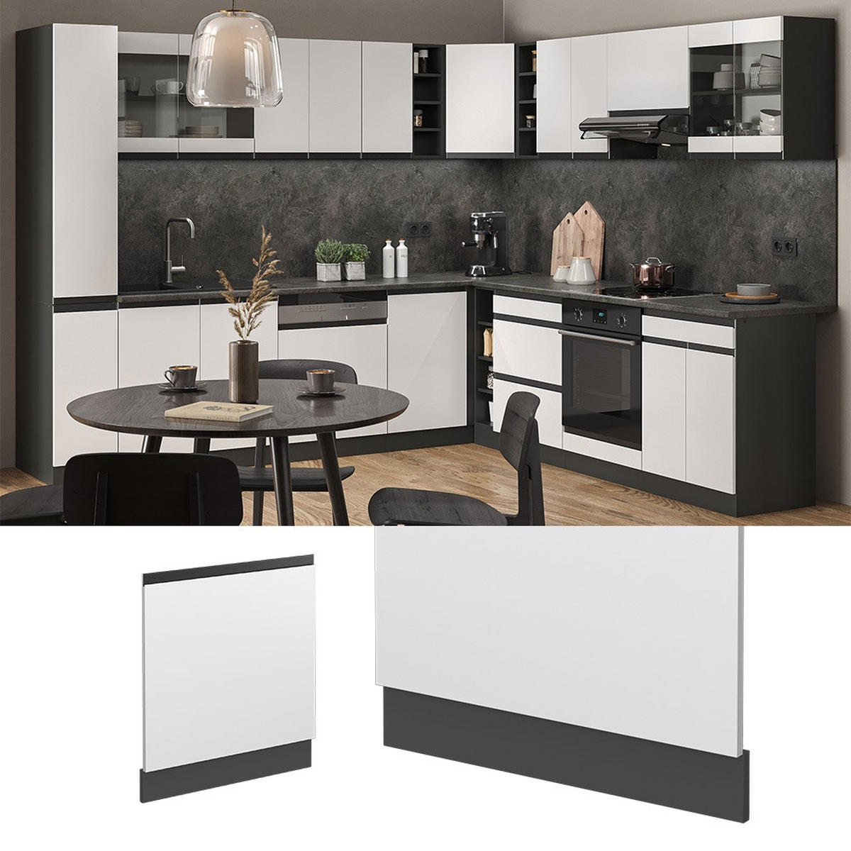 FRONTBLENDE R-Line Weiß 60 cm J-Shape, AP Marmor - Anthrazit/Weiß, Holzwerkstoff (60/57.2/1.6cm) - Vicco