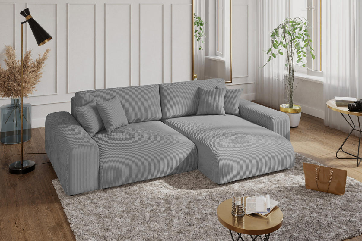 ECKSOFA mit Schlaffunktion, Bettkasten, Wellenunterfederung, seitenverkehrt montierbar B255/T165/H84 cm, Liegefl. 148x196 cm, Cord Hell-Grau / 21007 - Hellgrau/Schwarz, Kunststoff/Textil (255/165cm) - luma-home