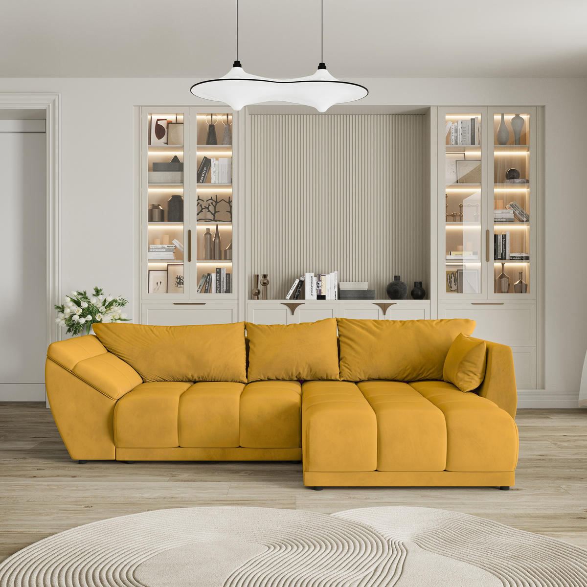 ROHOVÁ SEDAČKA ORENTI žlutá - černá/žlutá, dřevo/textil (287/182cm) - MASSENO