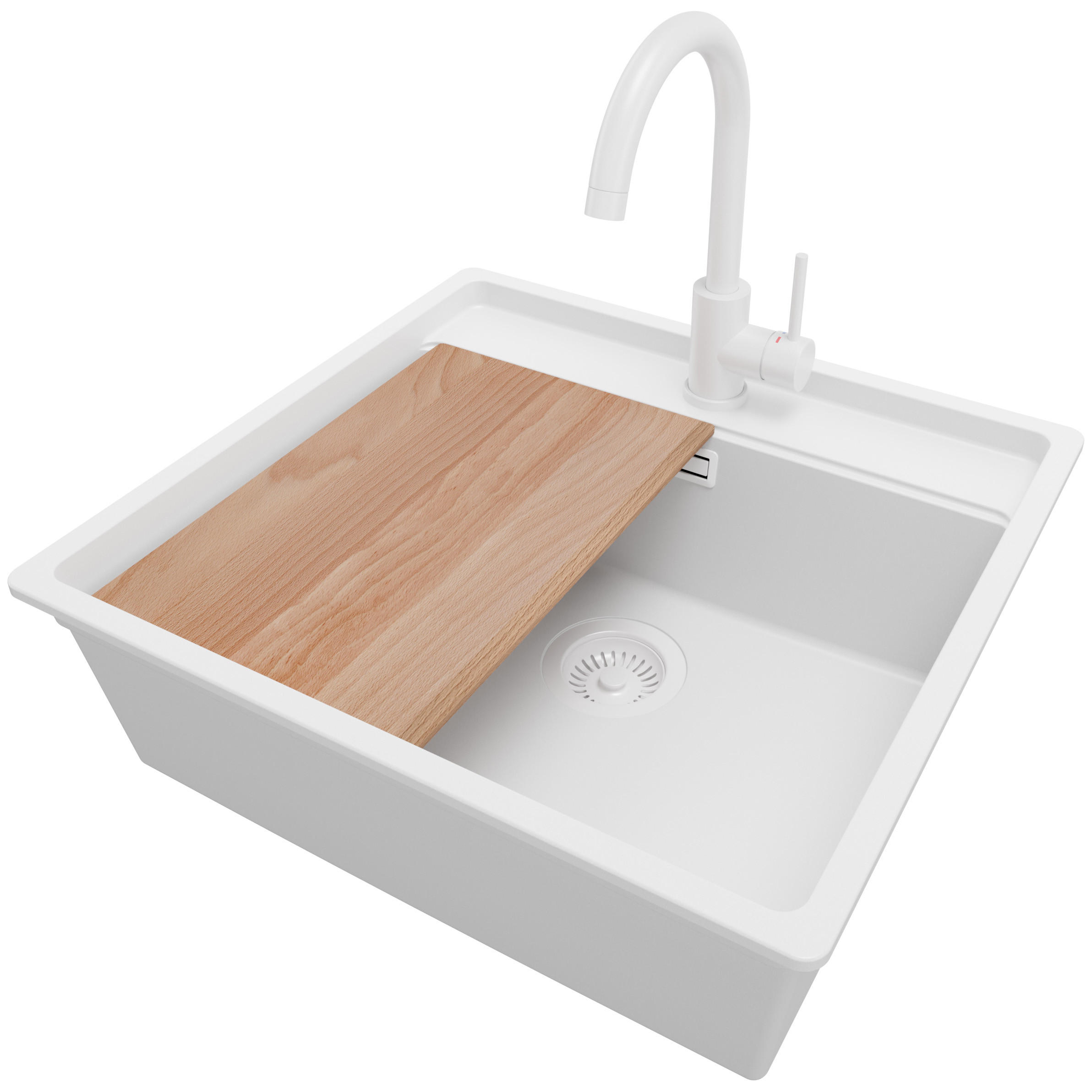 GRANITSPÜLE Bergen, 2-er set Alles Weiß 56/53 cm 1 Becken + Küchenarmatur 32/20 cm + Ablauf-Set + Schneidebrett ab 60er Unterschrank - Beige/Weiß, Kunststoff (56/20/53cm) - Primagran