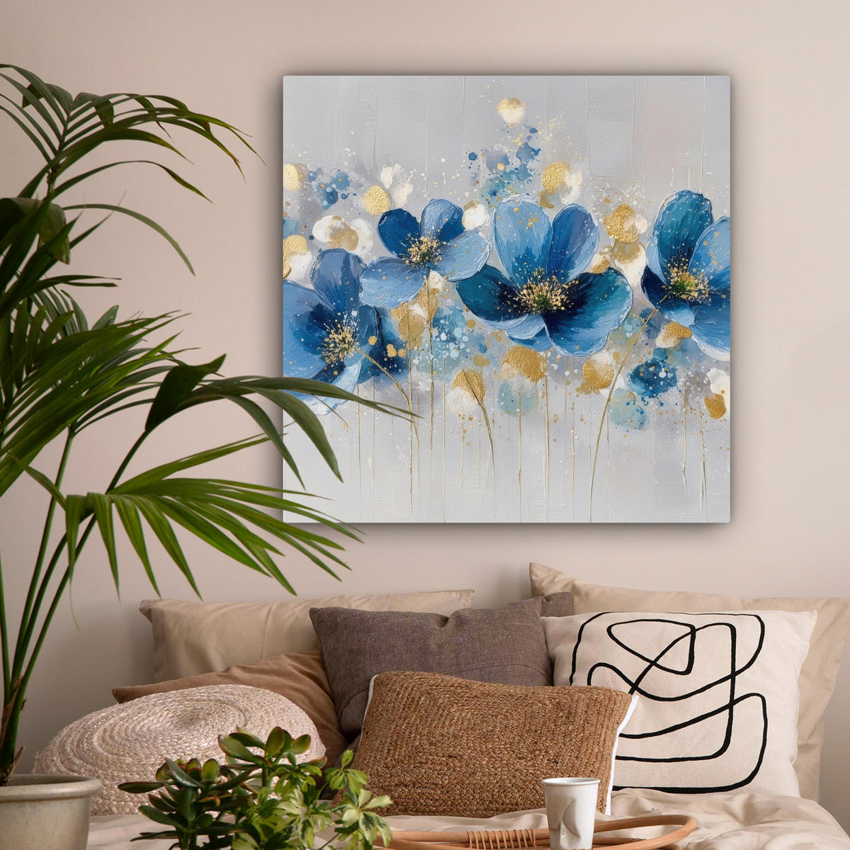 LEINWANDBILD Blumen - Blau - Abstrakt Deko Groß 90x90 cm - Hellgrau, Textil (90/90cm) - MuchoWow