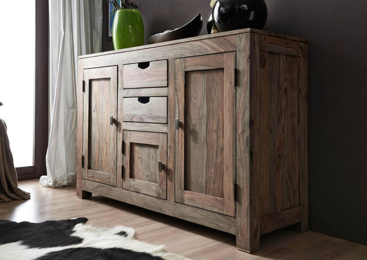 SIDEBOARD Sheesham 130x45x85 grau geölt NATURE GREY #86 - Grau, Holz (130/85/45cm) - Massivmoebel24
