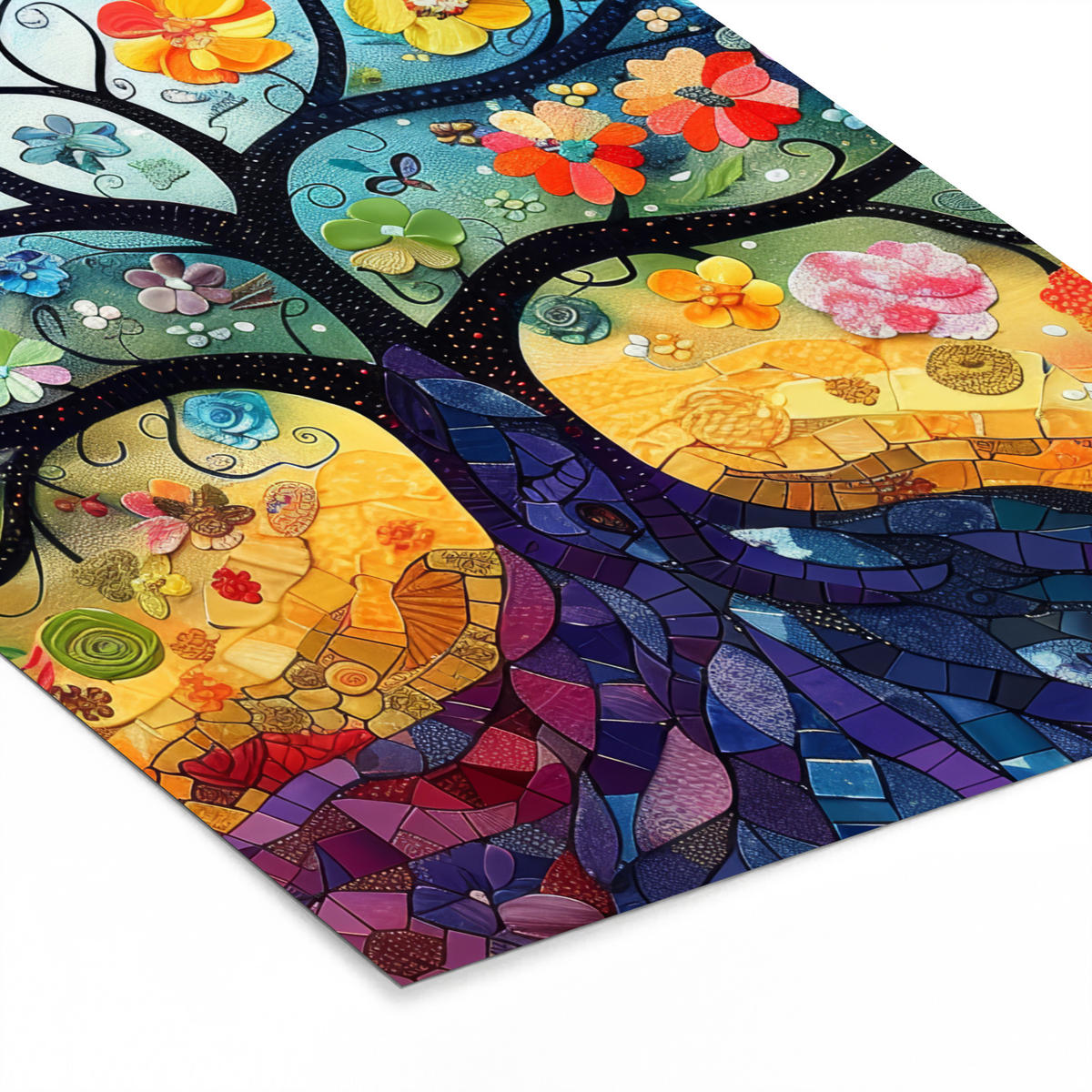 GERAHMTES BILD Kunst - Baum des Lebens - Blumen - Hippie 60x80 cm - Dunkelblau, Papier (60/80cm) - MuchoWow
