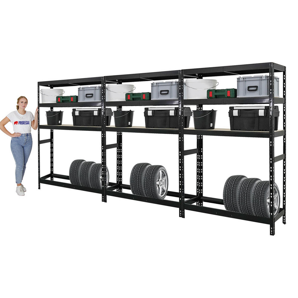REIFENREGAL Tiger 3er-Set mit 3x 180x120x40 cm bis zu 18 Reifen mit 3 Fachboden Schwarz - Schwarz, Metall (360/180/40cm) - PROREGAL
