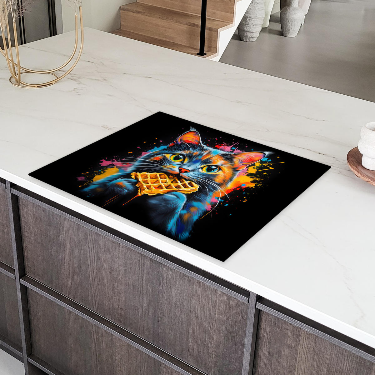 HERDABDECKPLATTE Katze - Graffiti - Bunt - Waffel - Essen Induktionsmatte 77x59 cm - Multicolor, Kunststoff (77/59/0.2cm) - MuchoWow