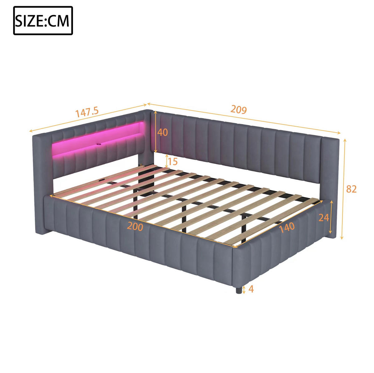 ČALÚNENÁ posteľ 140/200 cm s LED osvetlením, USB portom, opierkou chrbta a stabilným lamelovým roštom, Sivá - sivá, textil (140/200cm) - Redom