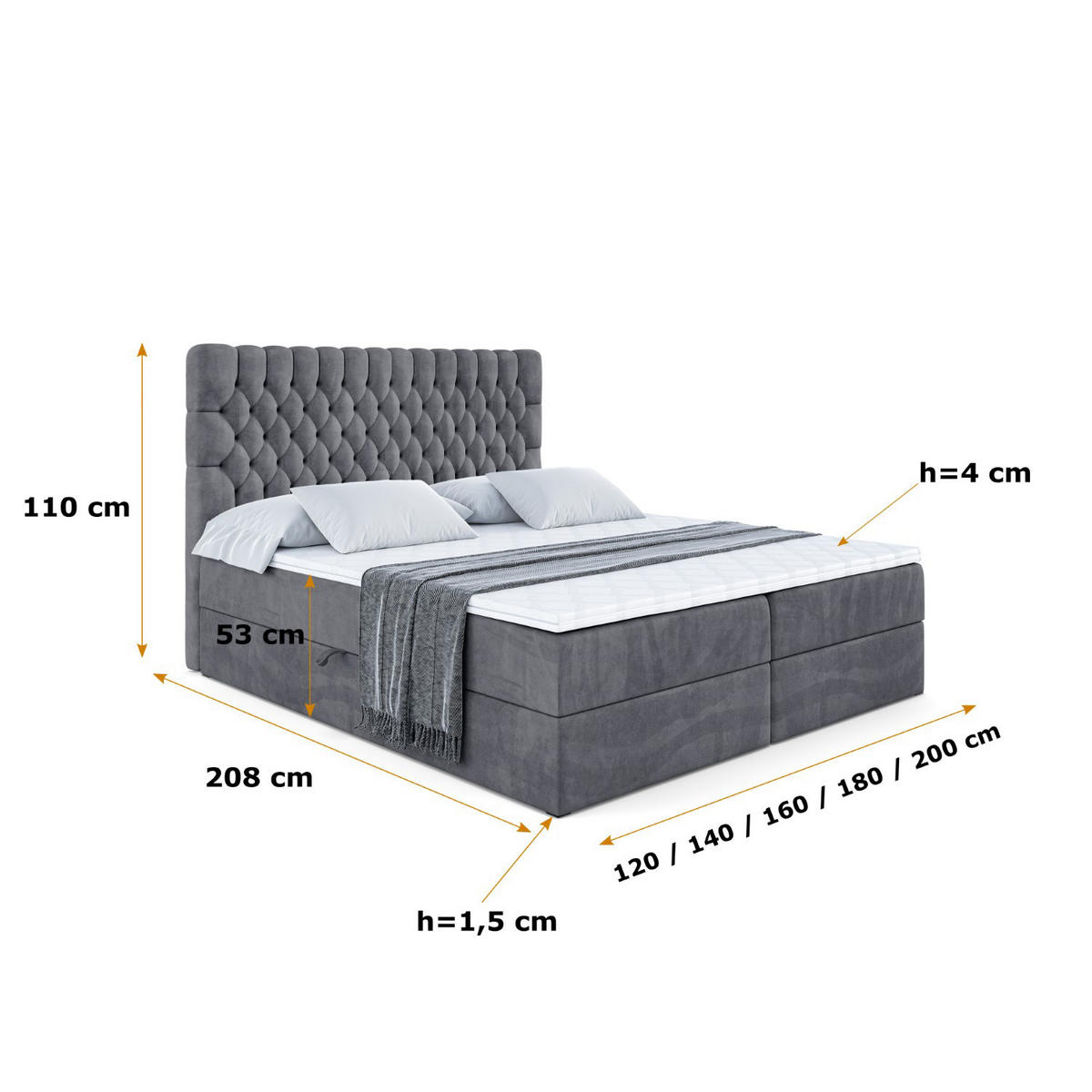BOXBETT mit Matratze H3 und Lattenrost - SERENE - 160x200 Dunkelgrau - Dunkelgrau, Holzwerkstoff (160/200cm) - ALTDECOR