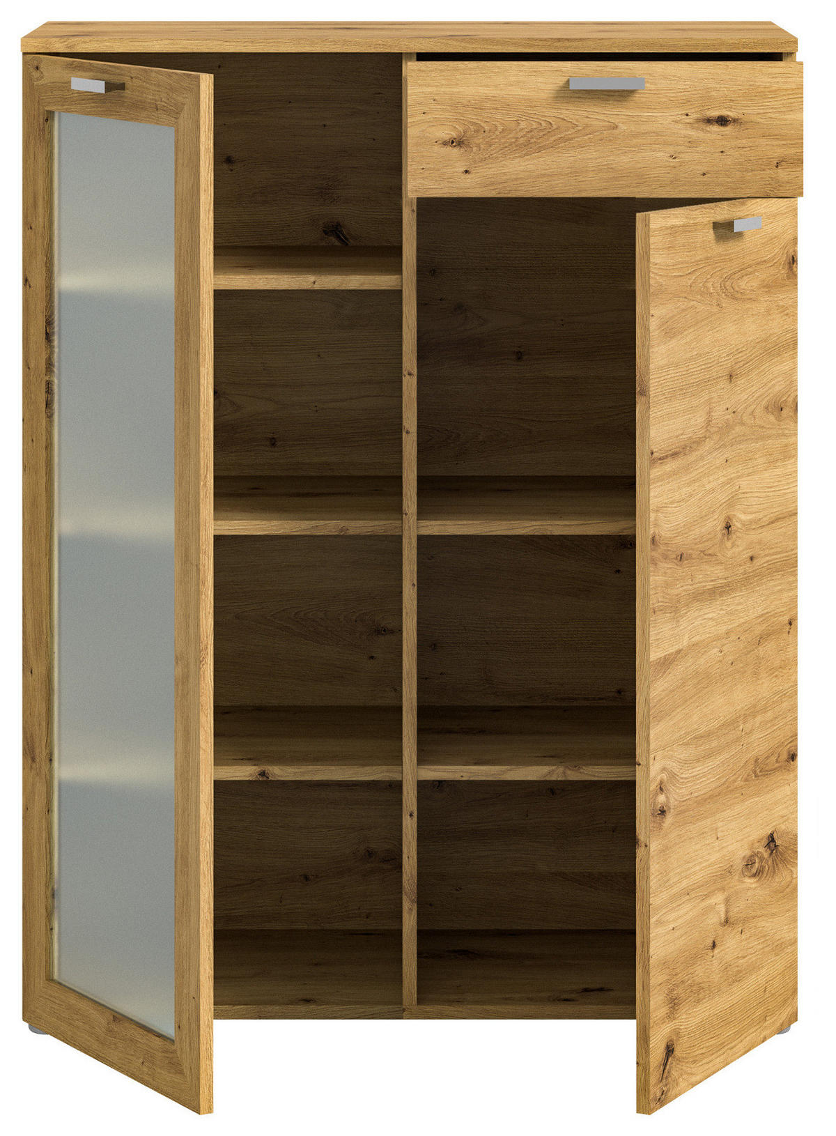 HIGHBOARD Eiche Artisan 90x115 cm, Vitrine mit Soft-Close - Silberfarben/Eiche Artisan, Glas/Holzwerkstoff (90/115/37cm) - Inn.Furn