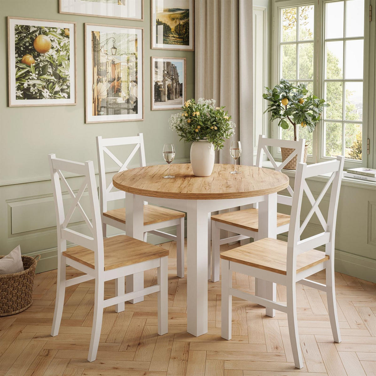 ESSZIMMERSET OLEA Tisch + 4 Stühle - Eichefarben/Weiß, Holzwerkstoff (100/77/100cm) - Lookway