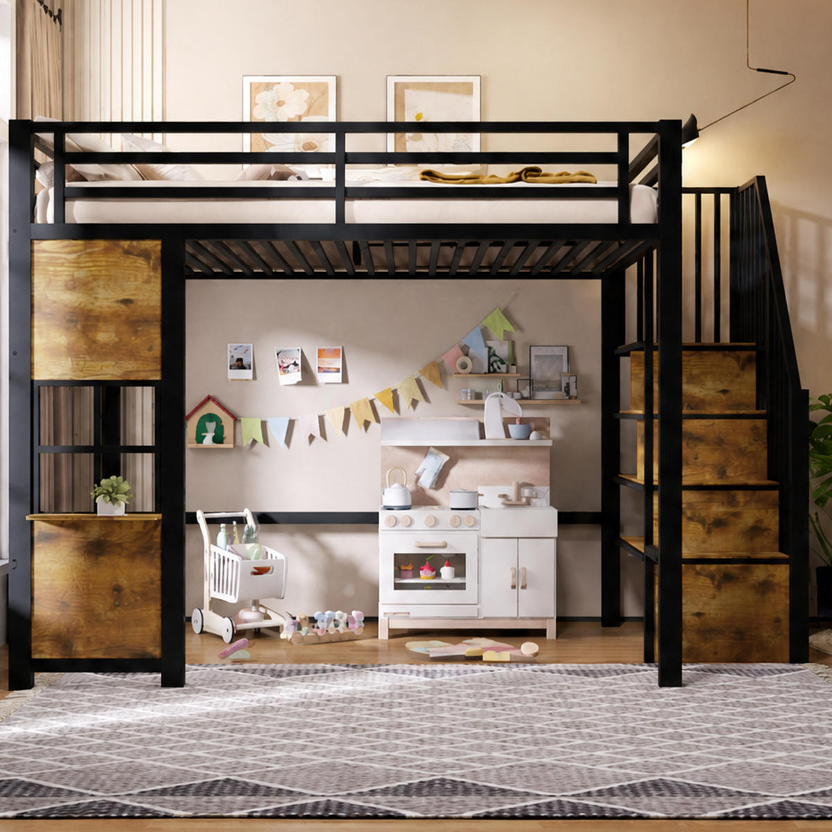 HOCHBETT 140x200 cm in Schwarz mit Stauraumtreppe und offenem Spielbereich - Schwarz, Holzwerkstoff (140/200cm) - IVMEU