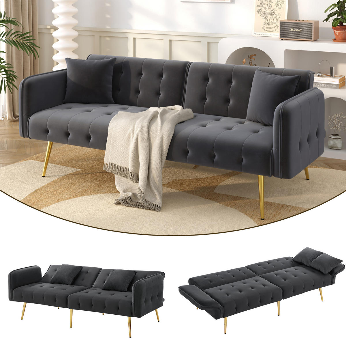 SCHLAFSOFA 2-Sitzer mit Liegefunktion 215 x 81,5 cm Velours Antique Gray - Grau, Kunststoff (178/70/82cm) - Meubliv