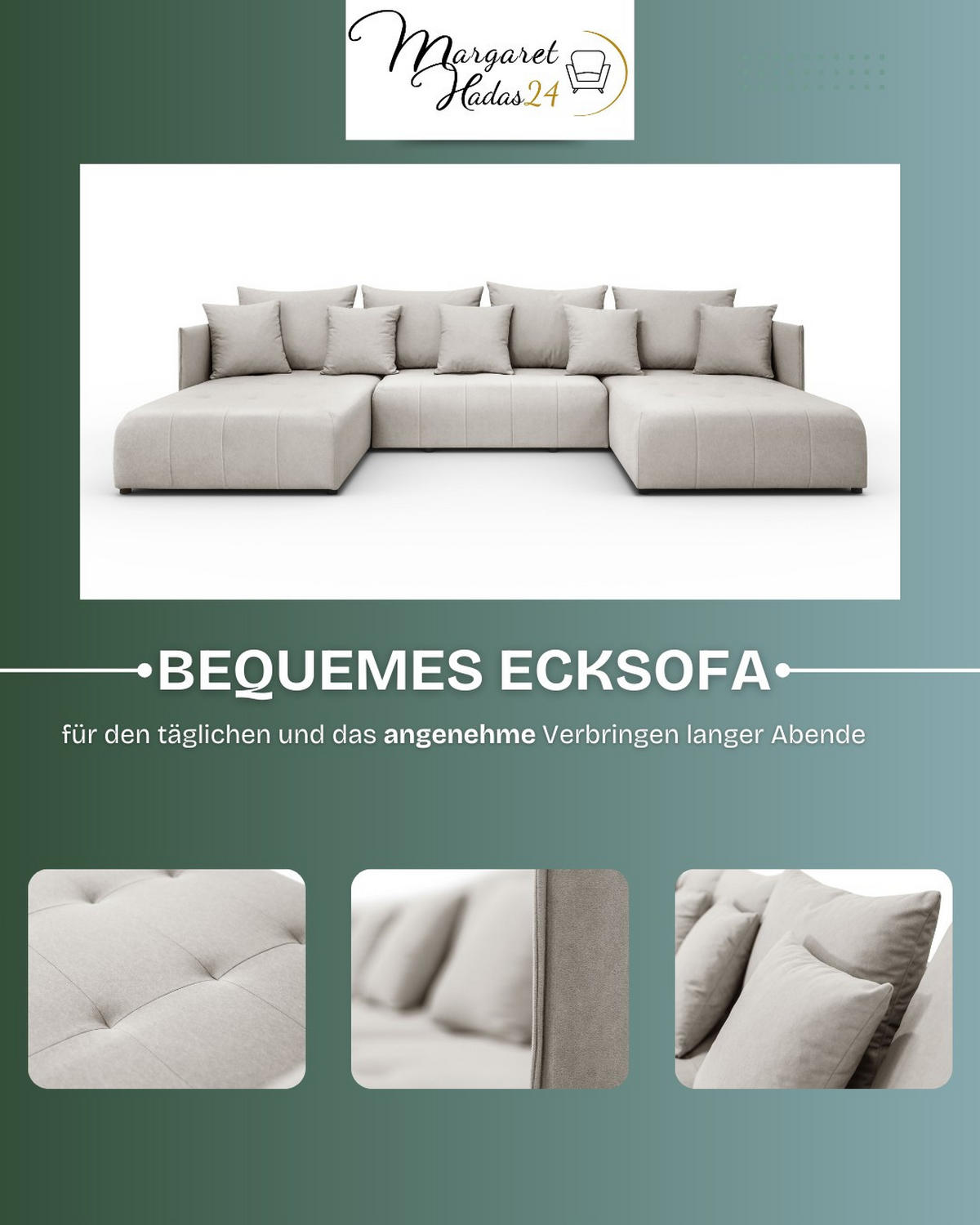 WOHNLANDSCHAFT Hanna in U-Form 348 x 188cm Schlaffunktion Bettkasten, 5 Sitzer, Schlafsofa, beige - Beige, Kunststoff (348/93/188cm) - Margaret Hadas24