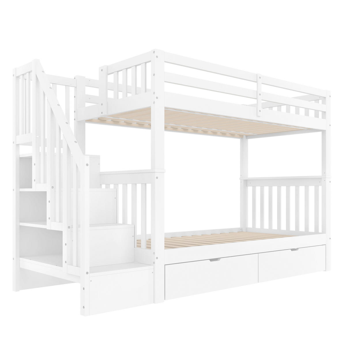 ETAGENBETT 90/200 mit Treppenregal, 2 Schubladen und hohen Schutzgeländern in Weiß - Weiß, Holz (90/200cm) - EVRYAE