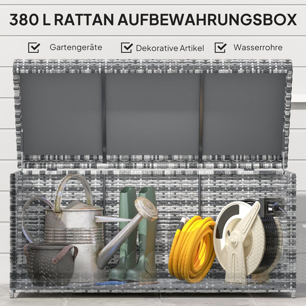 RATTAN Auflagenbox 380L wetterfest Kissenbox mit Deckel Stauraum UV-beständig - Dunkelgrau, Metall (61/65/130cm) - Outsunny