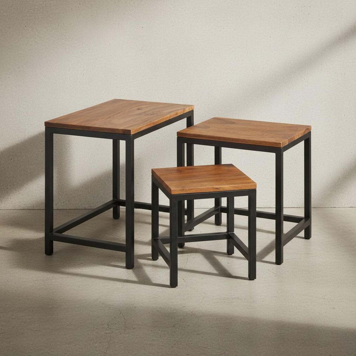 BEISTELLTISCH Set – 3-teilig Massivholz Metallbeine handgefertigt - Schwarz/Braun, Holz/Metall (30/45/45cm) - KADIMA DESIGN