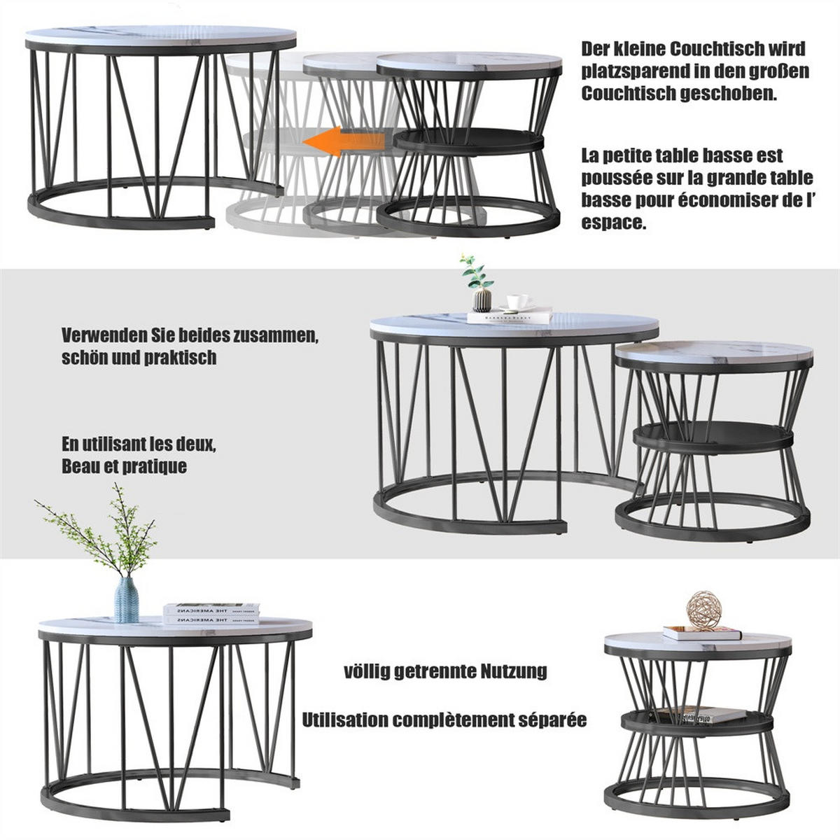 COUCHTISCH 2er-Set - Runder Couchtisch in Marmoroptik mit V-Metallgestell - Weiß und Schwarz - Schwarz, Holzwerkstoff (70/70/45cm) - DELFA