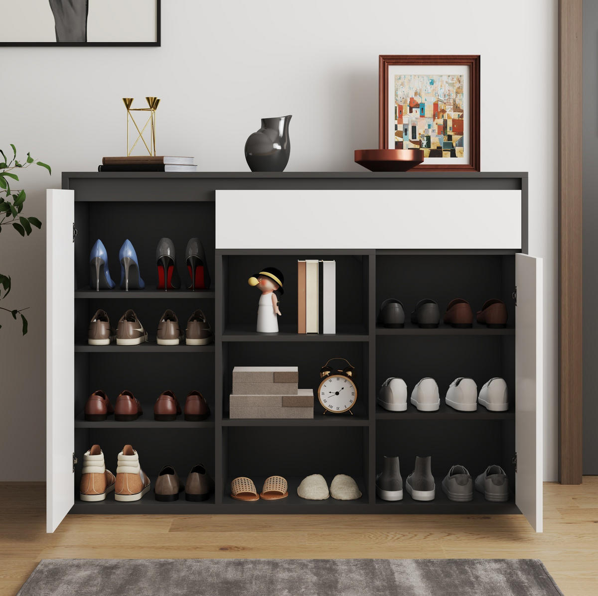 SCHUHSCHRANK 105/39,5/86 cm mit LED-Beleuchtung, verstellbaren Böden und Schubladenfach, Schwarz-Weiß - Schwarz, Holzwerkstoff (105/86/39.5cm) - Redom